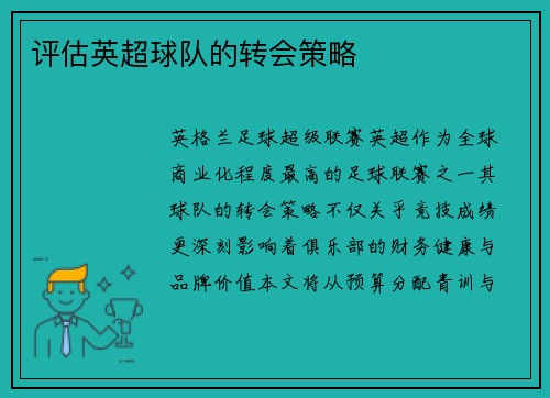 评估英超球队的转会策略
