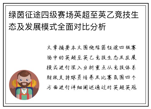 绿茵征途四级赛场英超至英乙竞技生态及发展模式全面对比分析