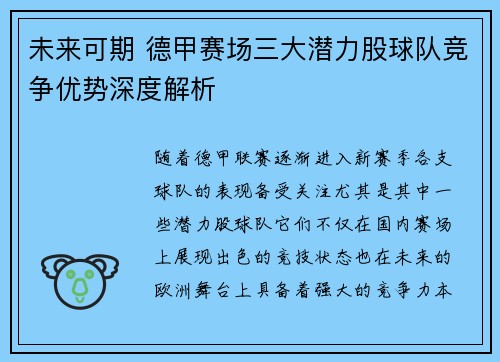 未来可期 德甲赛场三大潜力股球队竞争优势深度解析