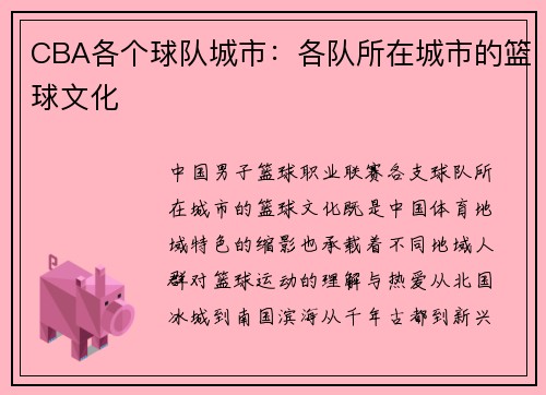CBA各个球队城市：各队所在城市的篮球文化