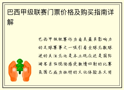 巴西甲级联赛门票价格及购买指南详解